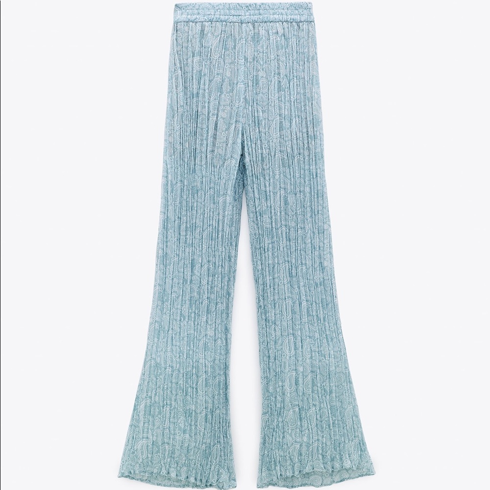 Zara WRINKLE-LOOK Semi-Sheer HIGH WAIST PANTS w/ Elastic Waist BLUE/WHITE NEW